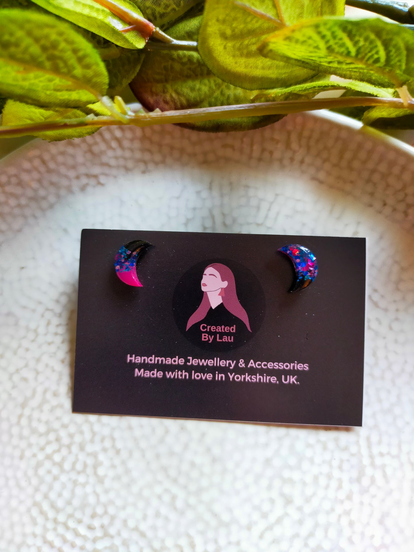 "Phoebe" Mini Black Pink Glitter Moon Resin Stud Earrings