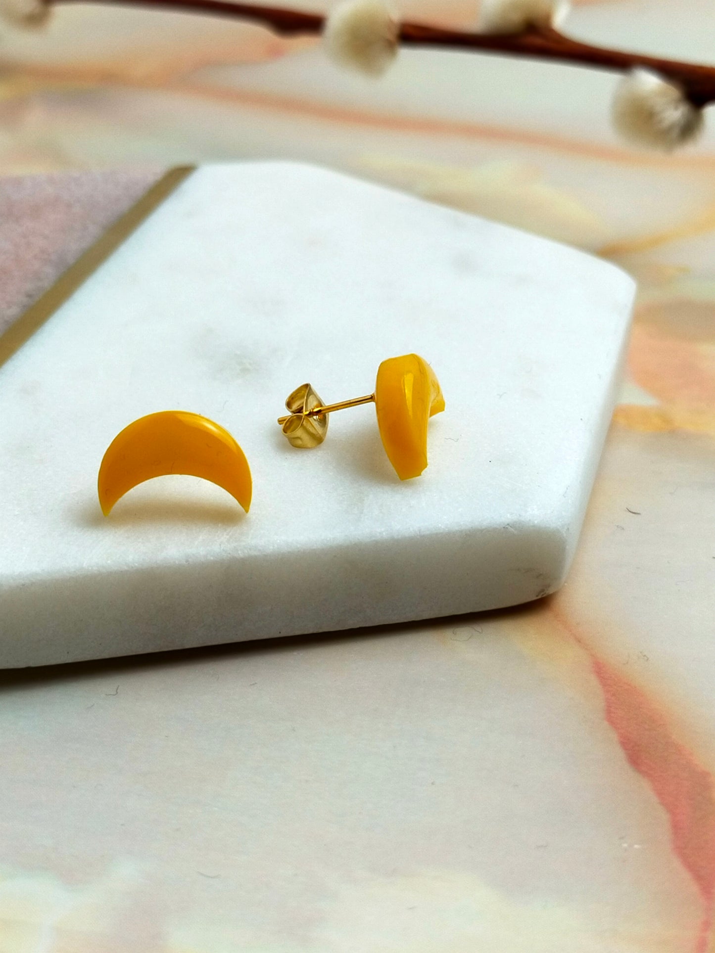 "Phoebe" Mini Yellow Moon Resin Stud Earrings