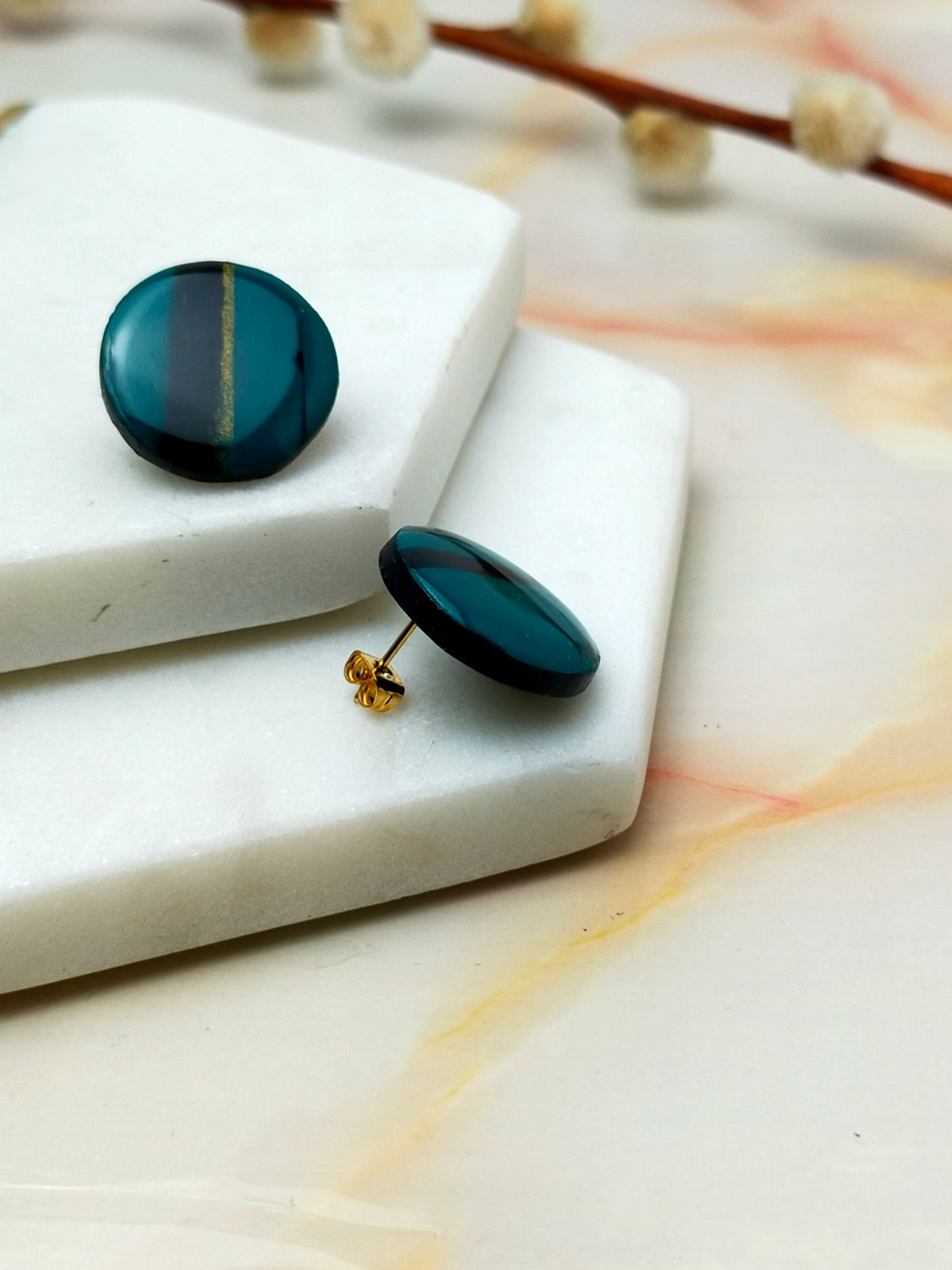"Poppy" Green Black and Gold Circle Polymer Clay Studs Earrings