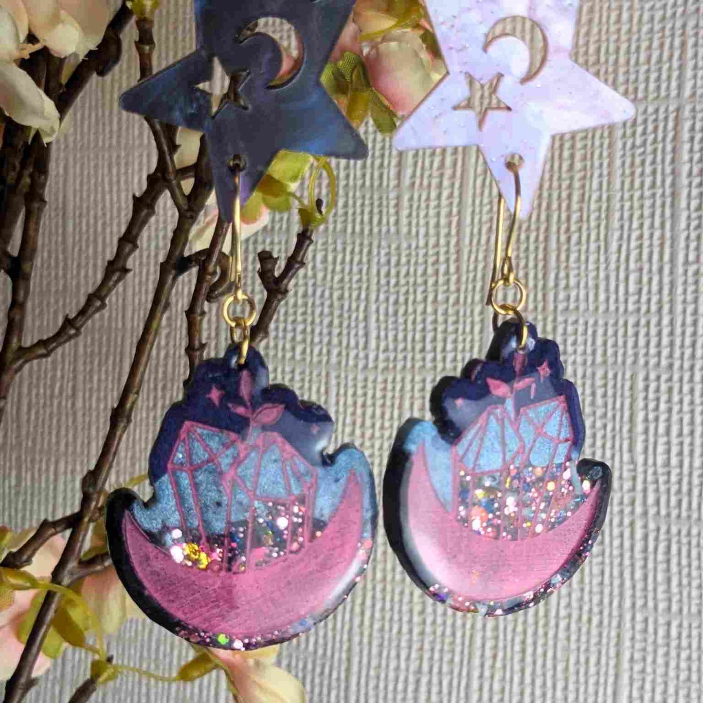 Portia Resin Multi Glitter Crystal with Moon Resin Dangle Earrings