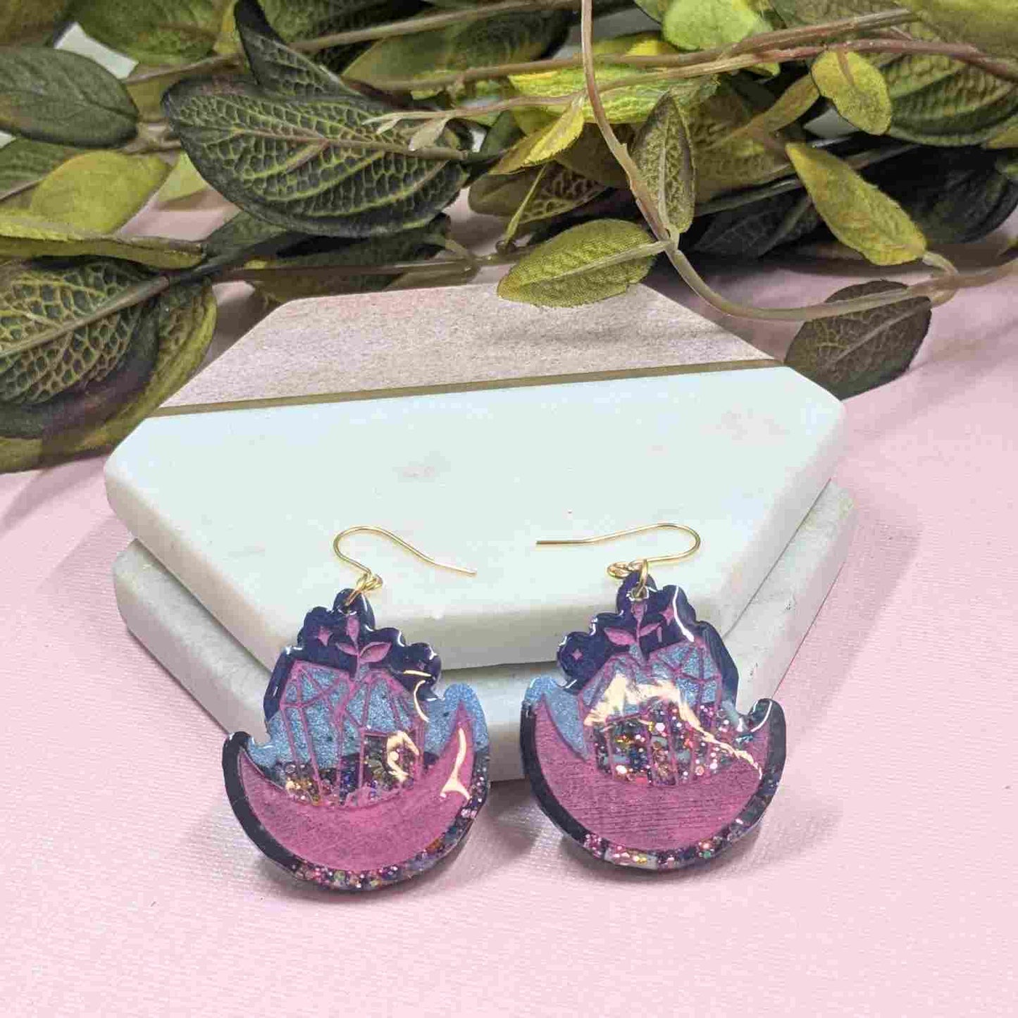 Portia Resin Multi Glitter Crystal with Moon Resin Dangle Earrings