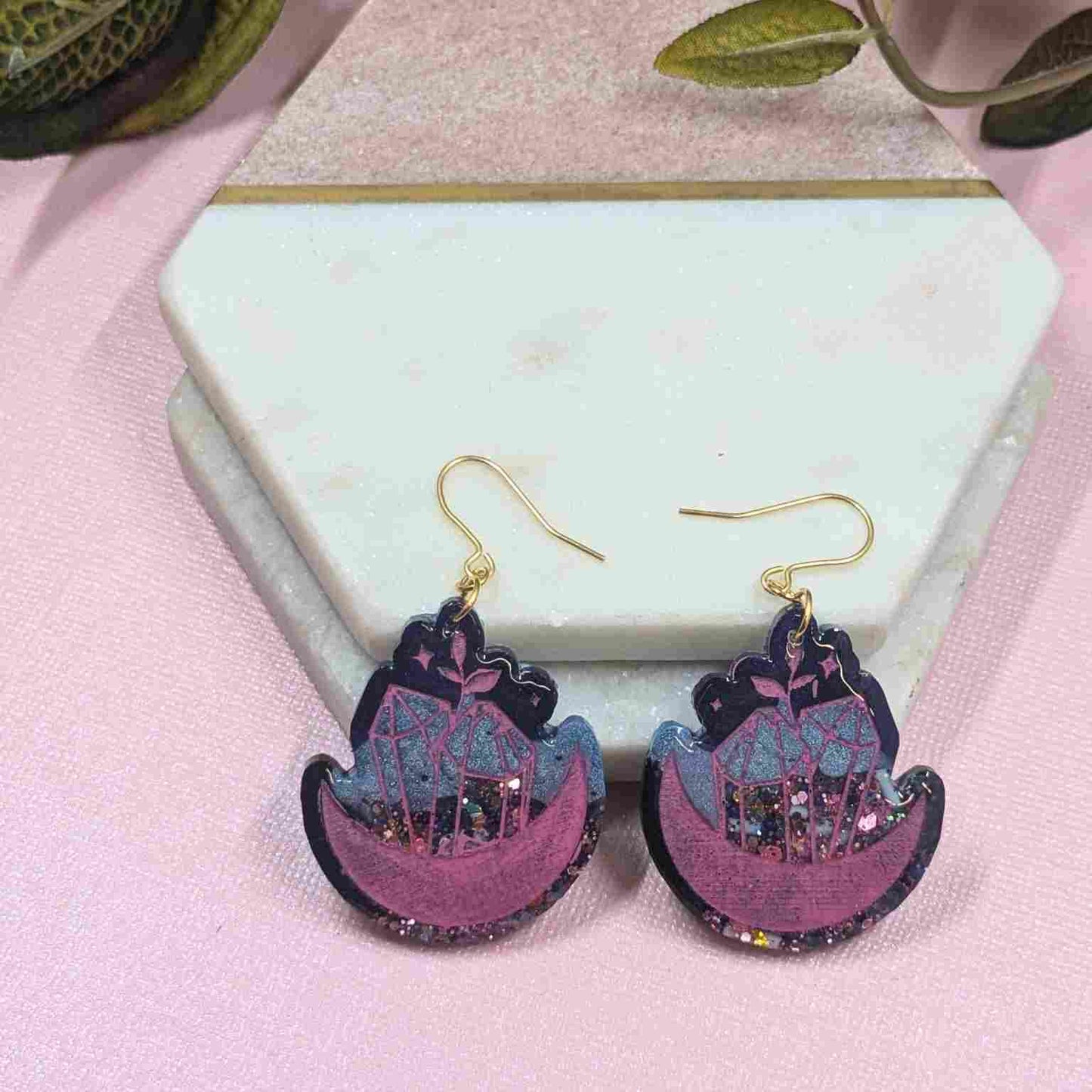 Portia Resin Multi Glitter Crystal with Moon Resin Dangle Earrings
