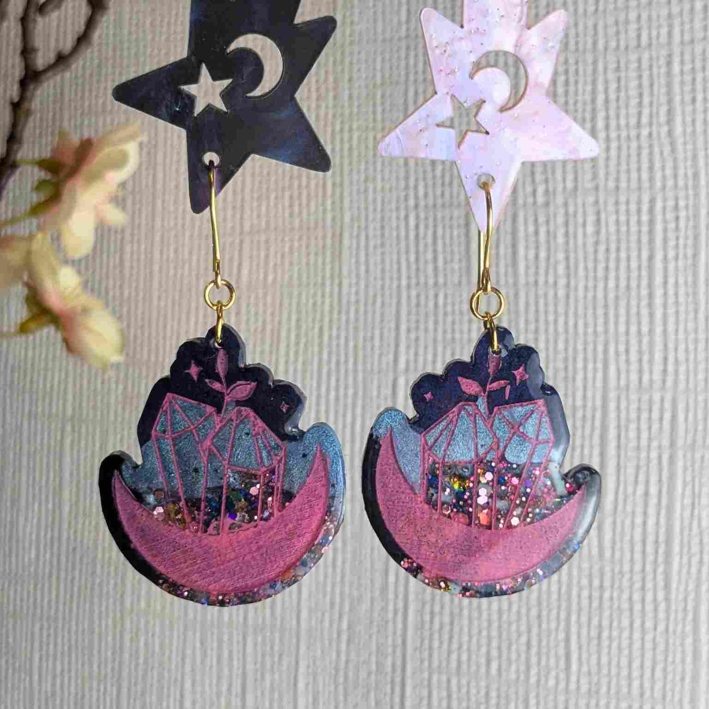 Portia Resin Multi Glitter Crystal with Moon Resin Dangle Earrings