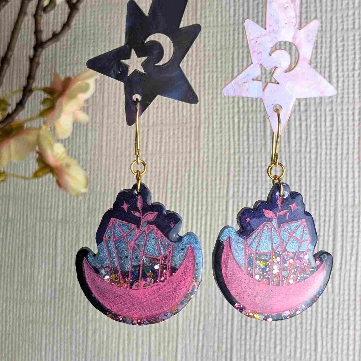 Portia Resin Multi Glitter Crystal with Moon Resin Dangle Earrings