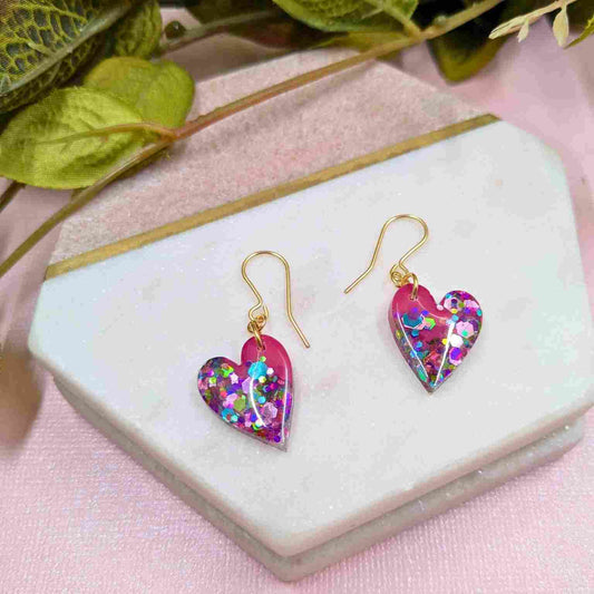 Ria Multi Glitter & Pink Heart Dangle Earrings - Handmade Yorkshire Jewellery