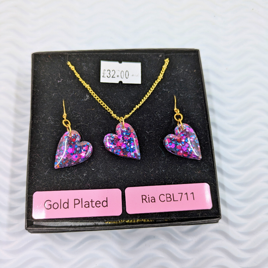 "Ria" Purple Blue Glitter Heart Resin Dangles & Necklace Set