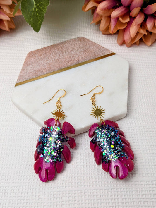 "Rory" Pink with Blue Glitter Sun Leaf Statement Resin Dangle Earrings