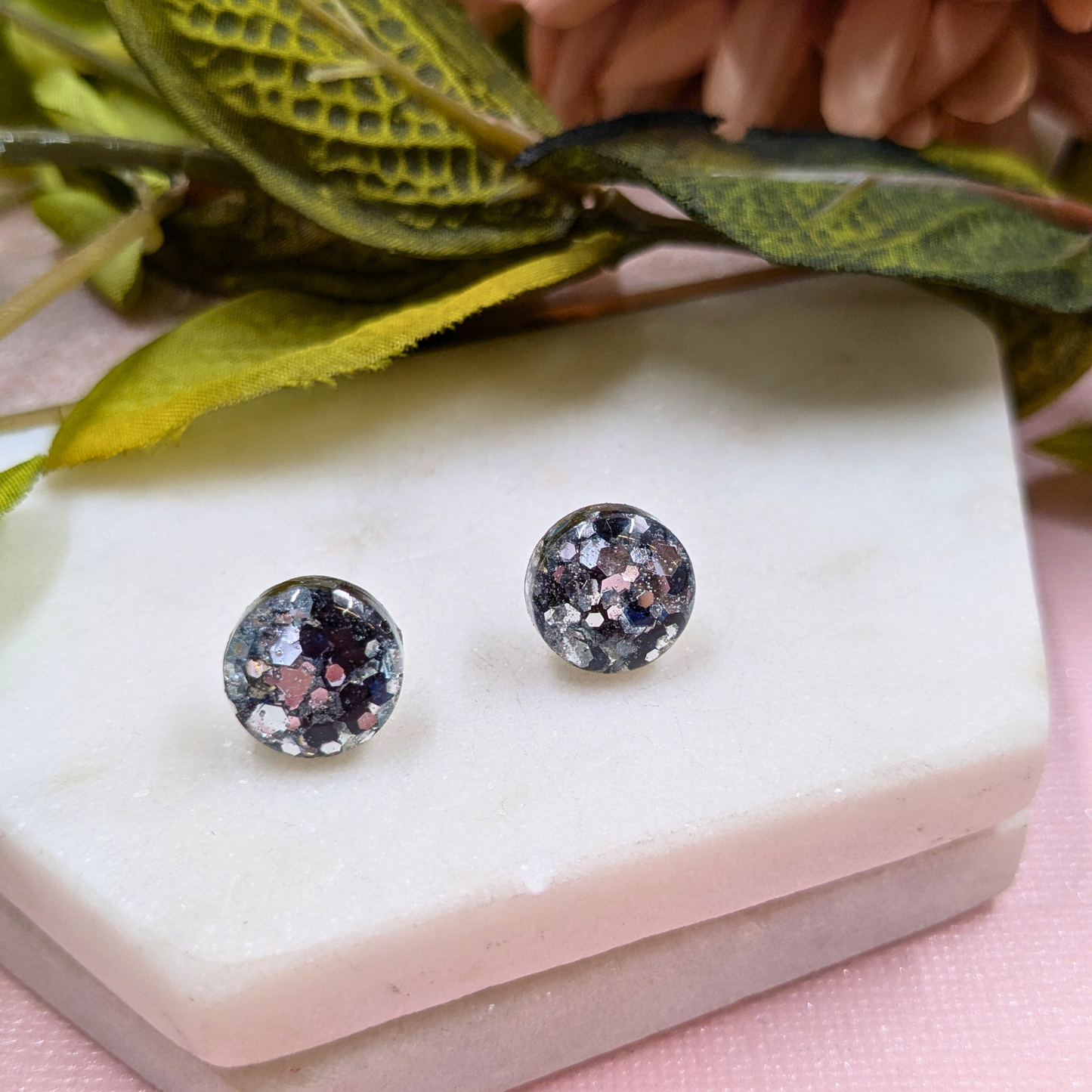 "Sabrina" Black and Silver Glitter Circle Resin Earrings