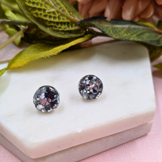 "Sabrina" Black and Silver Glitter Circle Resin Earrings