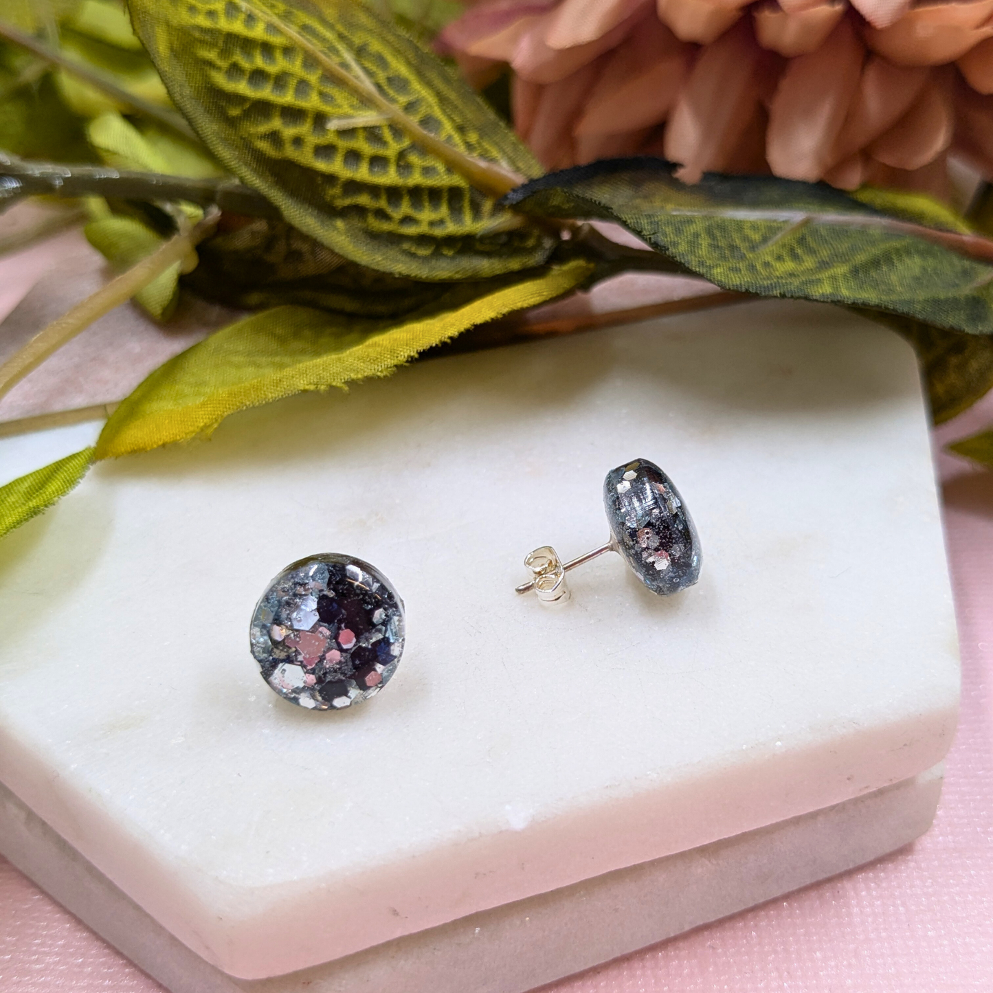 "Sabrina" Black and Silver Glitter Circle Resin Earrings