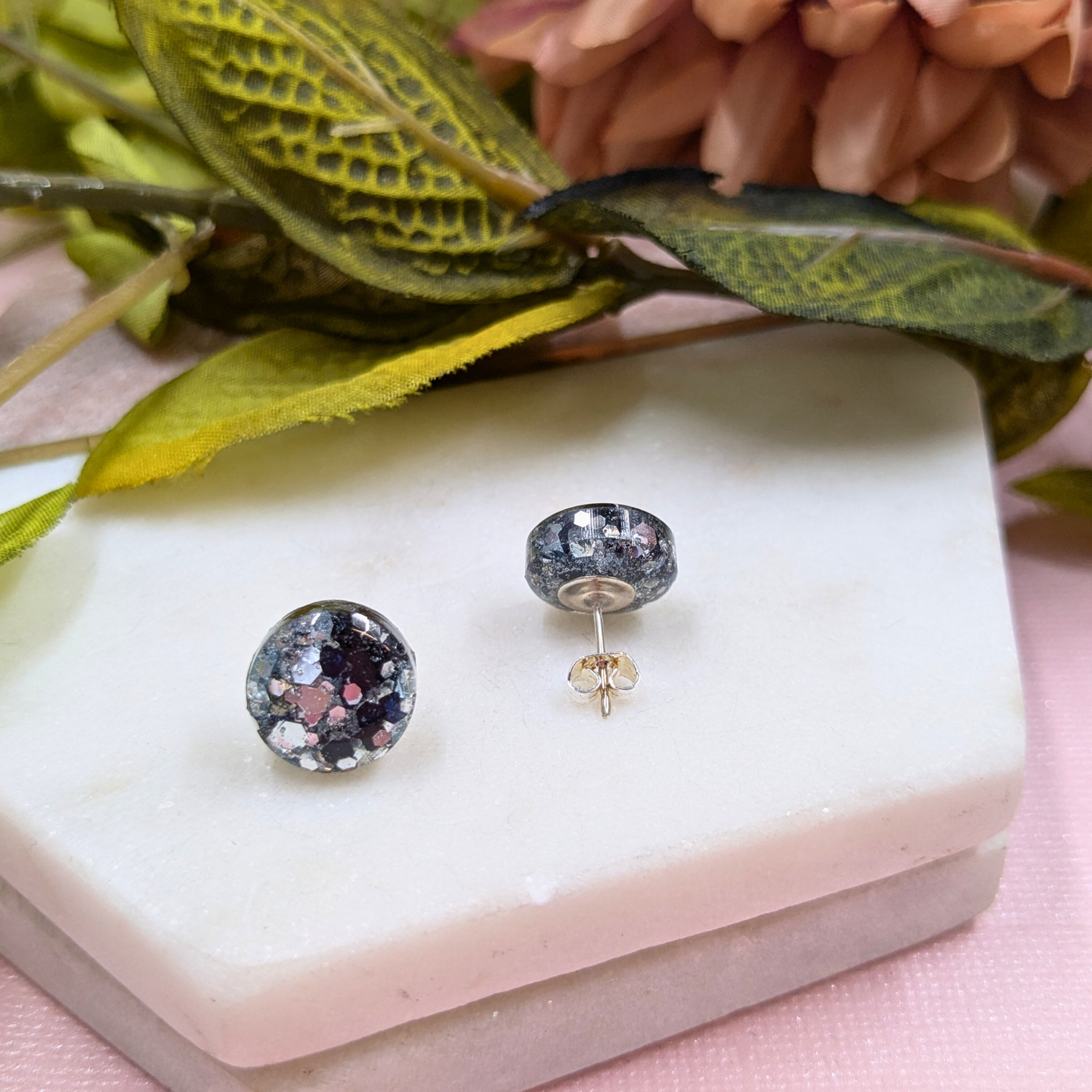 "Sabrina" Black and Silver Glitter Circle Resin Earrings