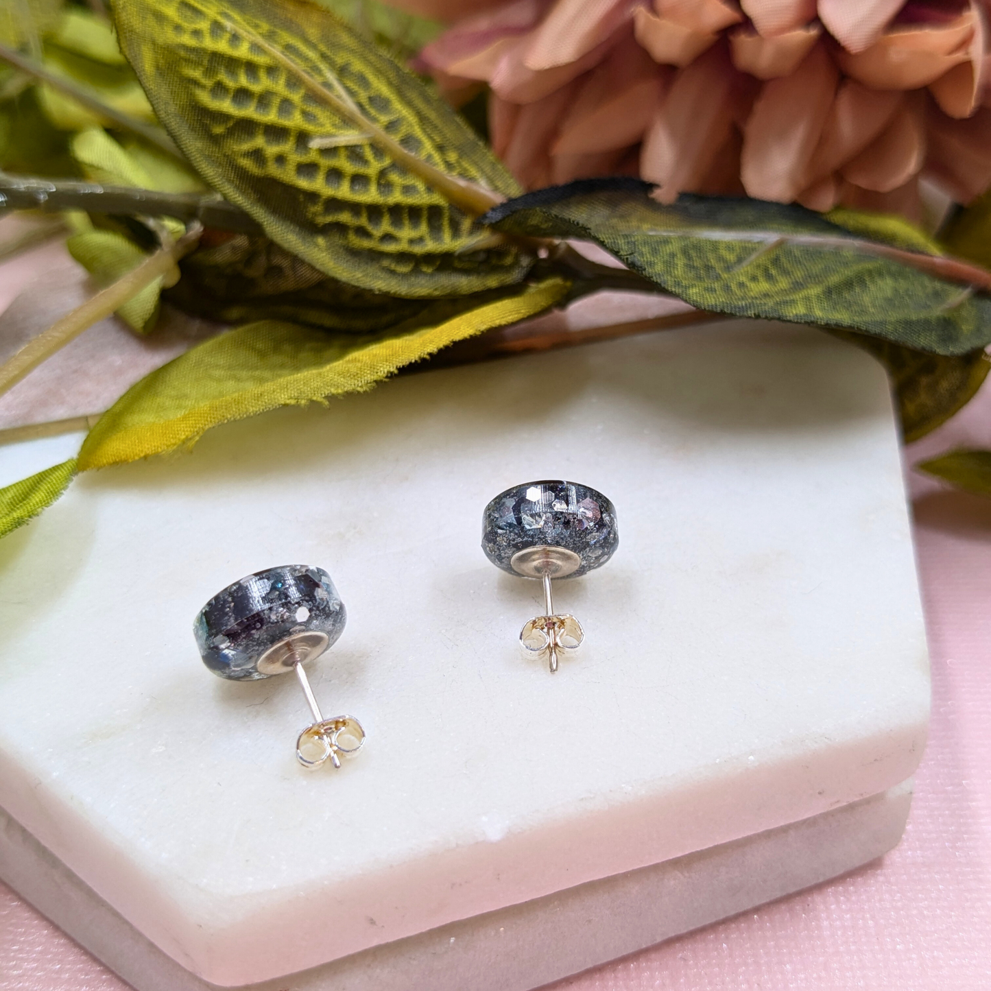 "Sabrina" Black and Silver Glitter Circle Resin Earrings