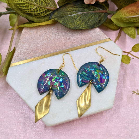 Sacha Blue Iridescent Dangle Earrings | Wavy Diamond Brass Charm by Created By Lau