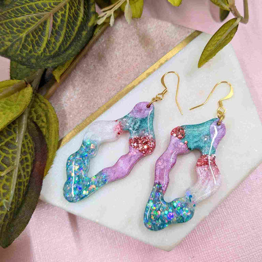 Sana Aqua Pink Glitter Wavy Cut Out Dangle Earrings - Handmade UK