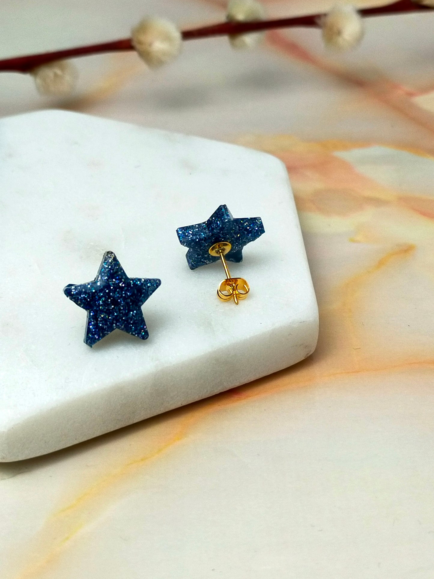 "Selene" Blue Navy Glitter Star Stud Earrings