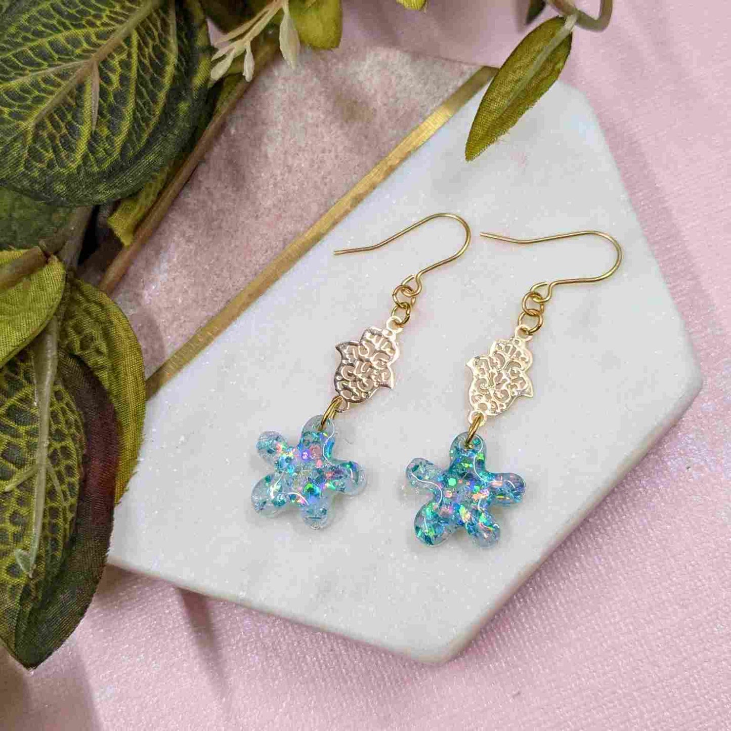 Tallulah Blue White Flower Hamsa Hand Dangle Earrings - Handmade UK