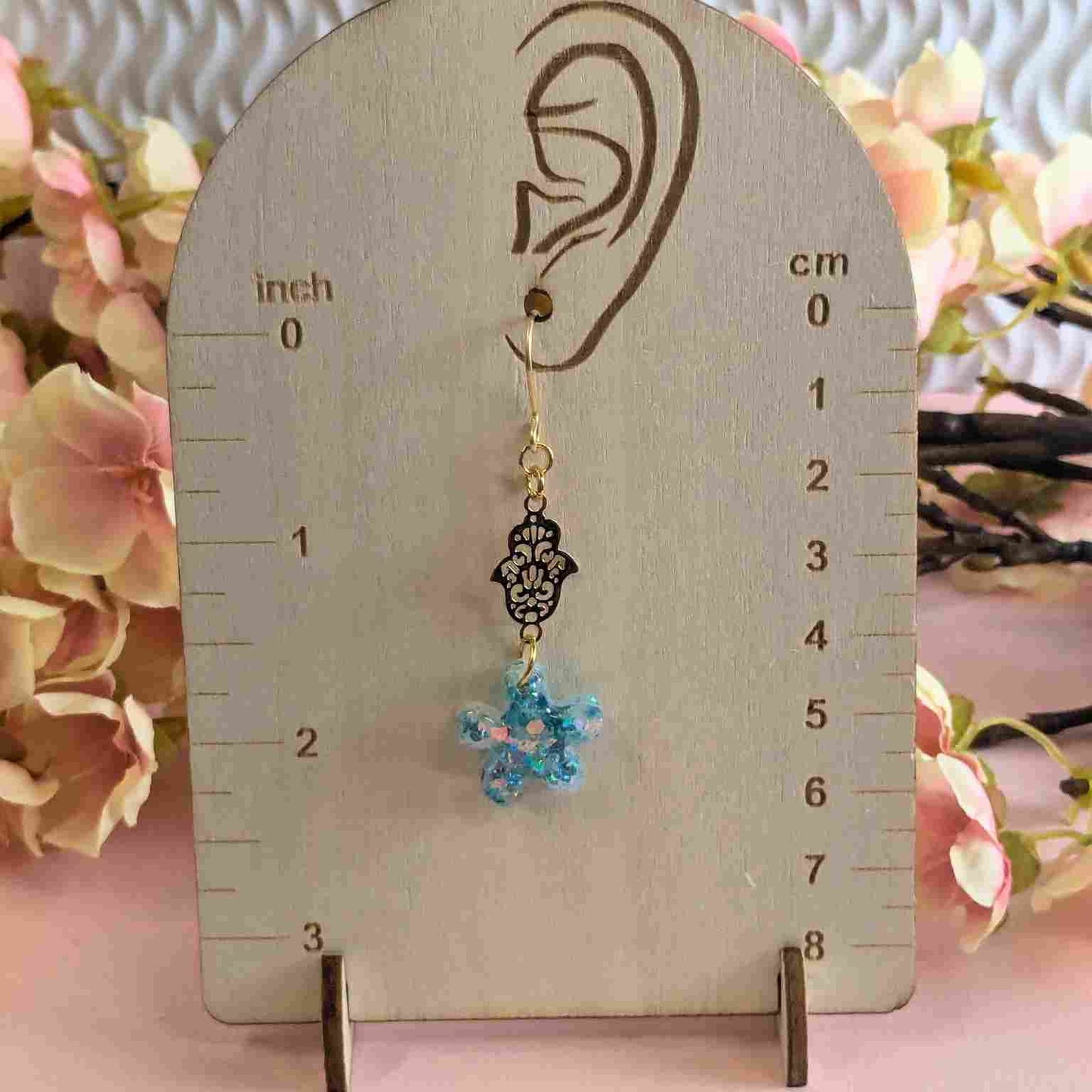 Tallulah Blue White Flower Hamsa Hand Dangle Earrings - Handmade UK