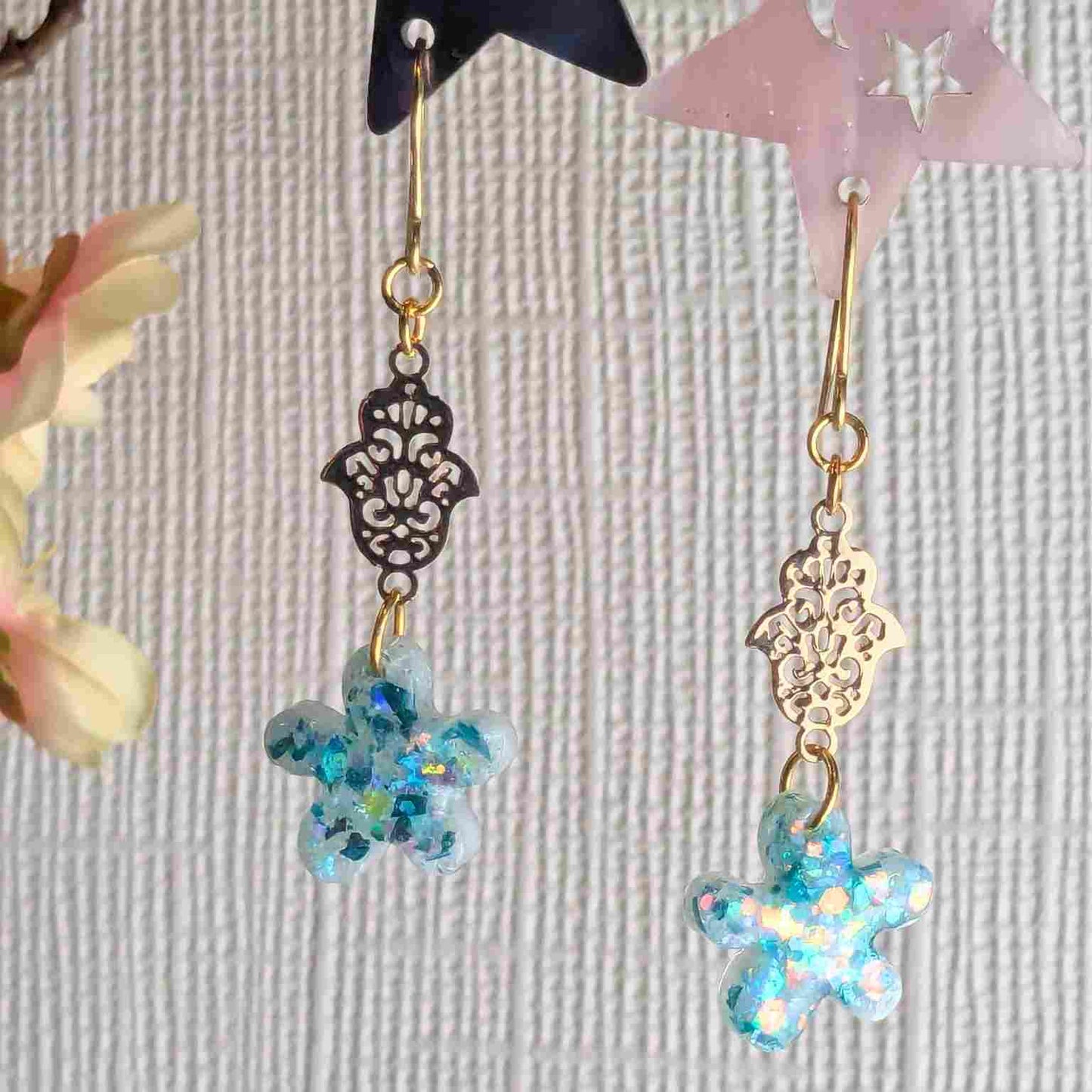 Tallulah Blue White Flower Hamsa Hand Dangle Earrings - Handmade UK