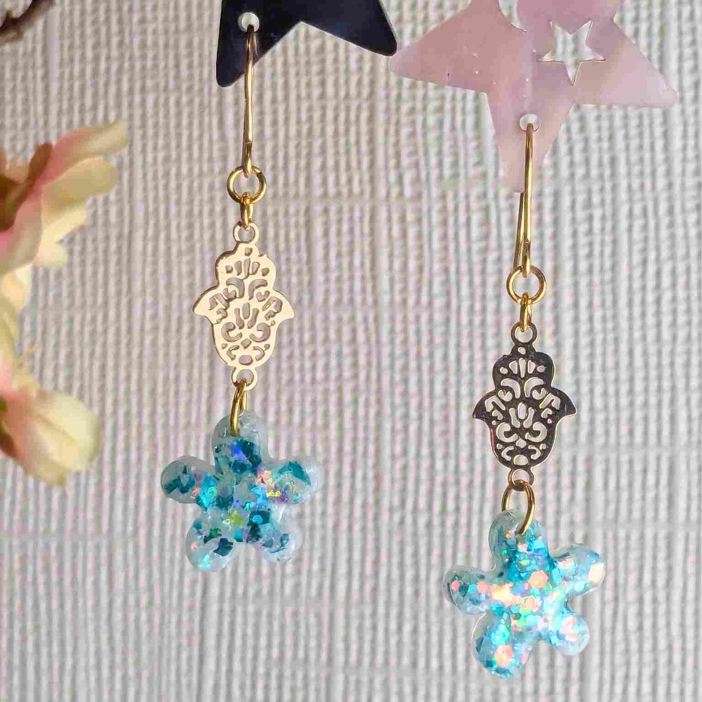 Tallulah Blue White Flower Hamsa Hand Dangle Earrings - Handmade UK