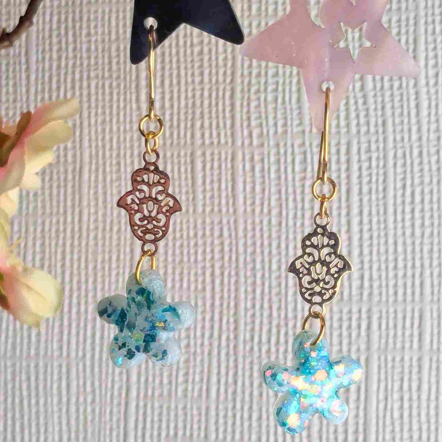 Tallulah Blue White Flower Hamsa Hand Dangle Earrings - Handmade UK