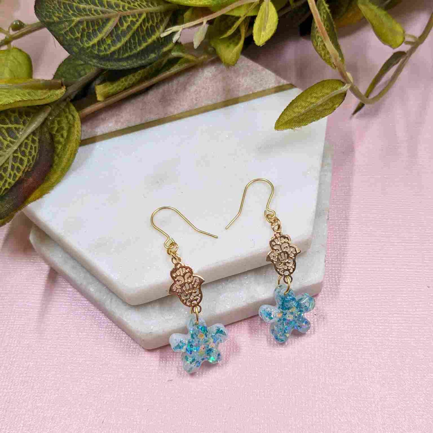 Tallulah Blue White Flower Hamsa Hand Dangle Earrings - Handmade UK