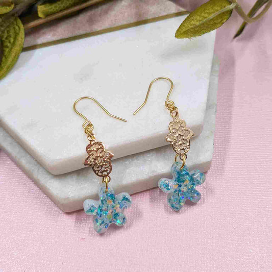 Tallulah Blue White Flower Hamsa Hand Dangle Earrings - Handmade UK