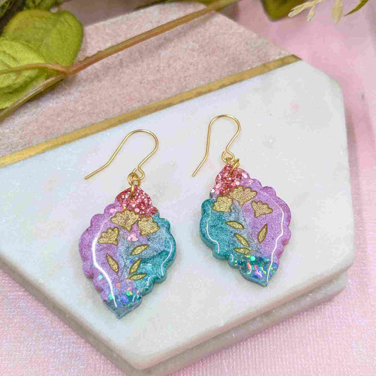 Tamia Aqua Glitter & Pink Moroccan Floral Dangle Earrings - Handmade Yorkshire Jewellery