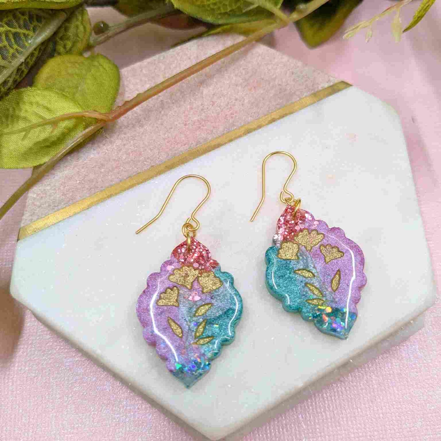 Tamia Aqua Glitter & Pink Moroccan Floral Dangle Earrings - Handmade Yorkshire Jewellery