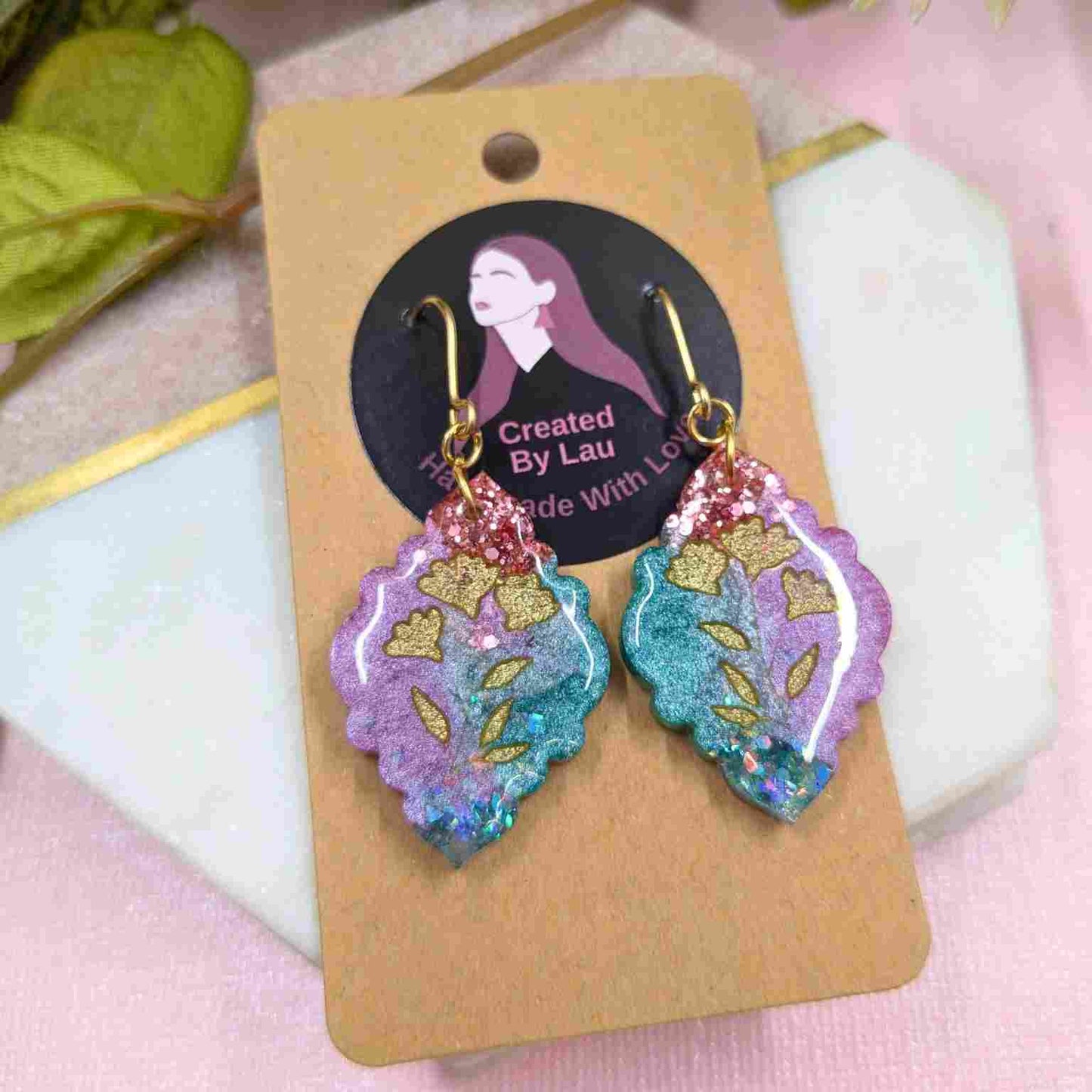 Tamia Aqua Glitter & Pink Moroccan Floral Dangle Earrings - Handmade Yorkshire Jewellery