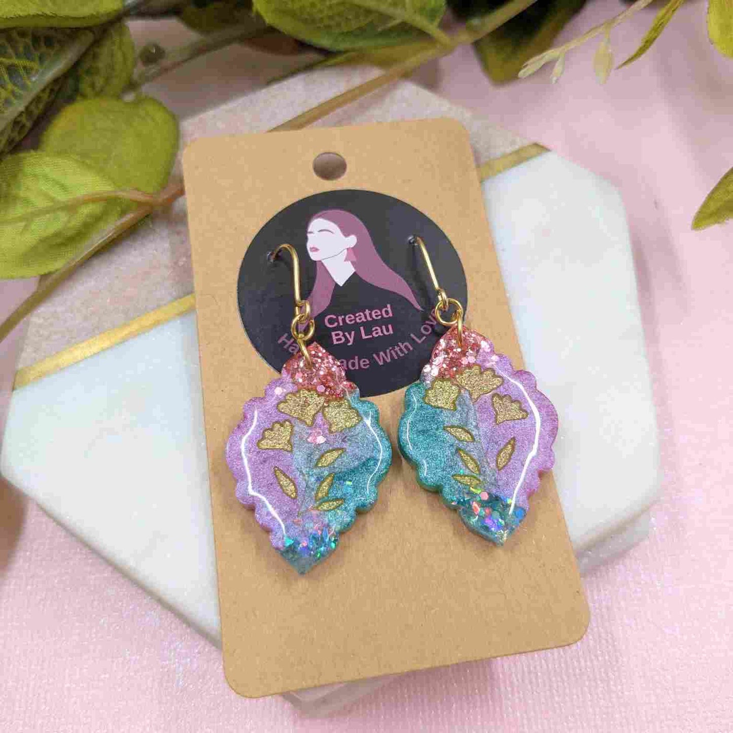 Tamia Aqua Glitter & Pink Moroccan Floral Dangle Earrings - Handmade Yorkshire Jewellery