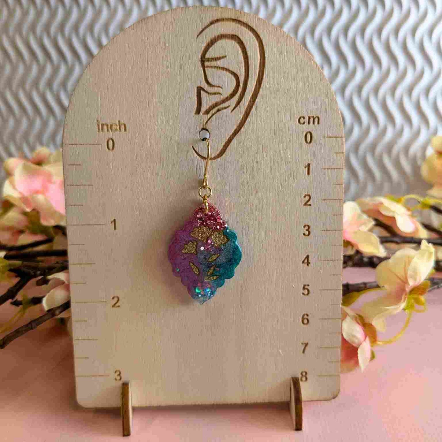 Tamia Aqua Glitter & Pink Moroccan Floral Dangle Earrings - Handmade Yorkshire Jewellery