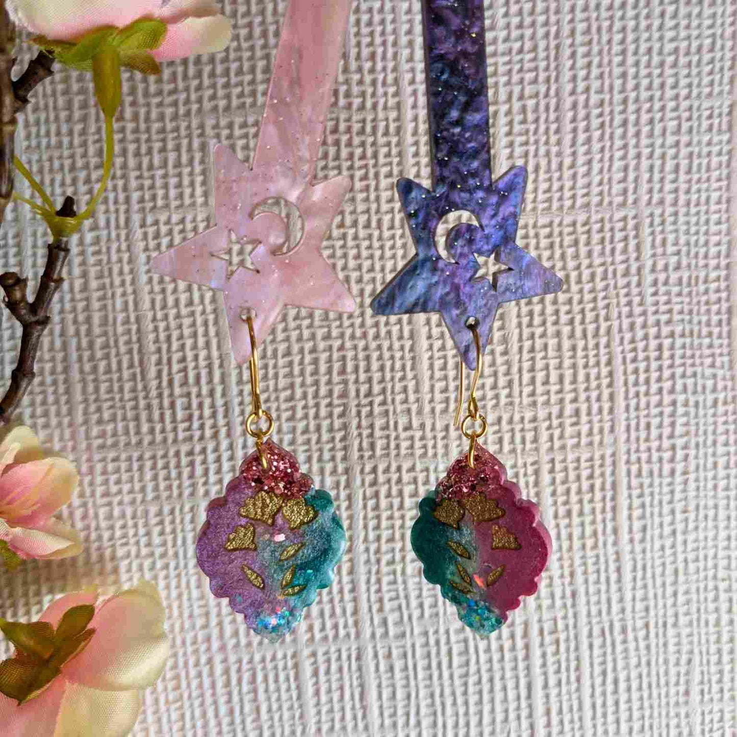 Tamia Aqua Glitter & Pink Moroccan Floral Dangle Earrings - Handmade Yorkshire Jewellery