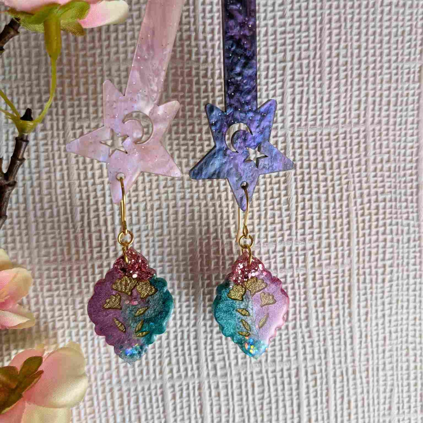 Tamia Aqua Glitter & Pink Moroccan Floral Dangle Earrings - Handmade Yorkshire Jewellery