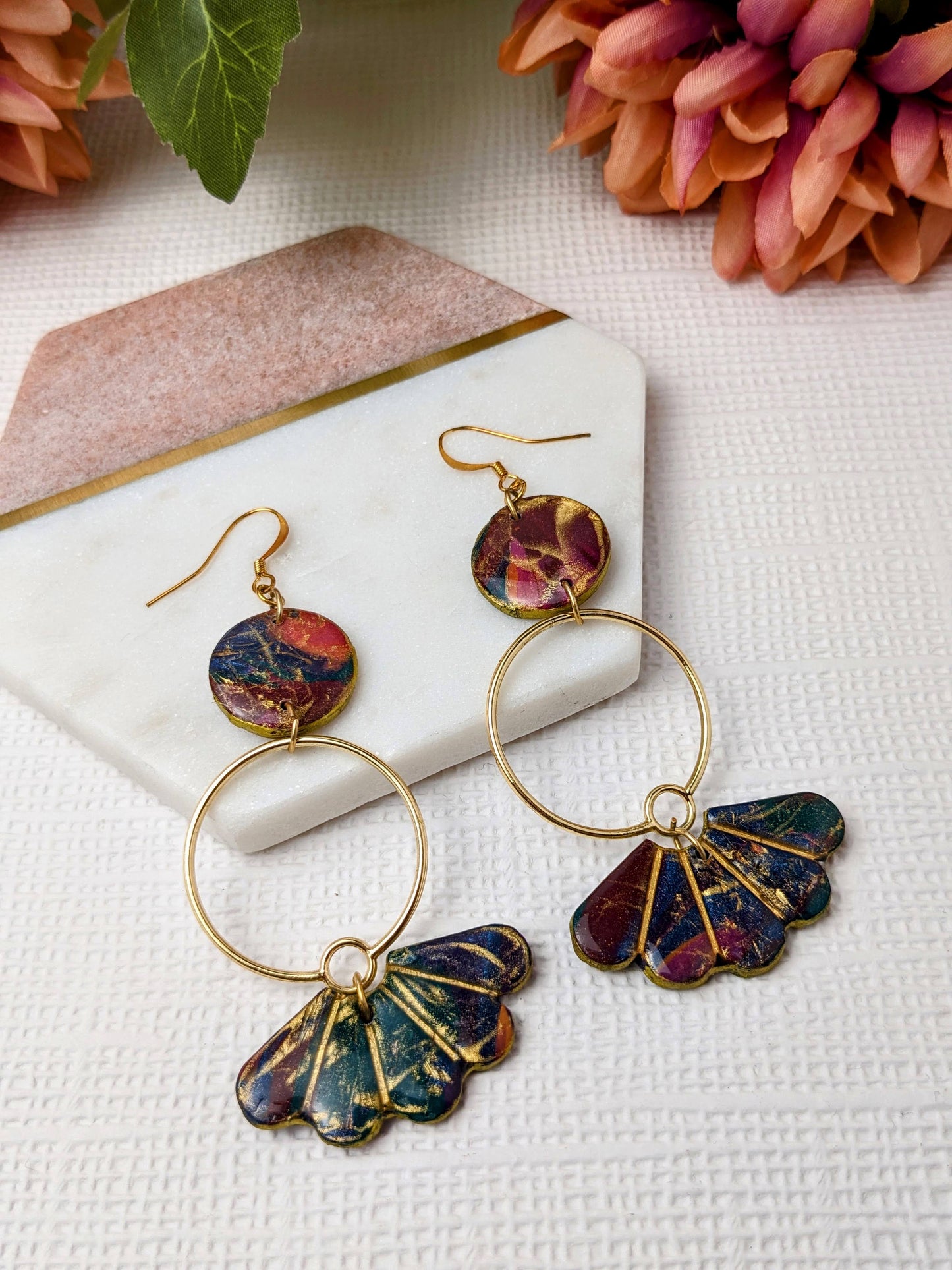 "Teagan" Gold Multi Circle Flower Polymer Clay Earrings with Charm