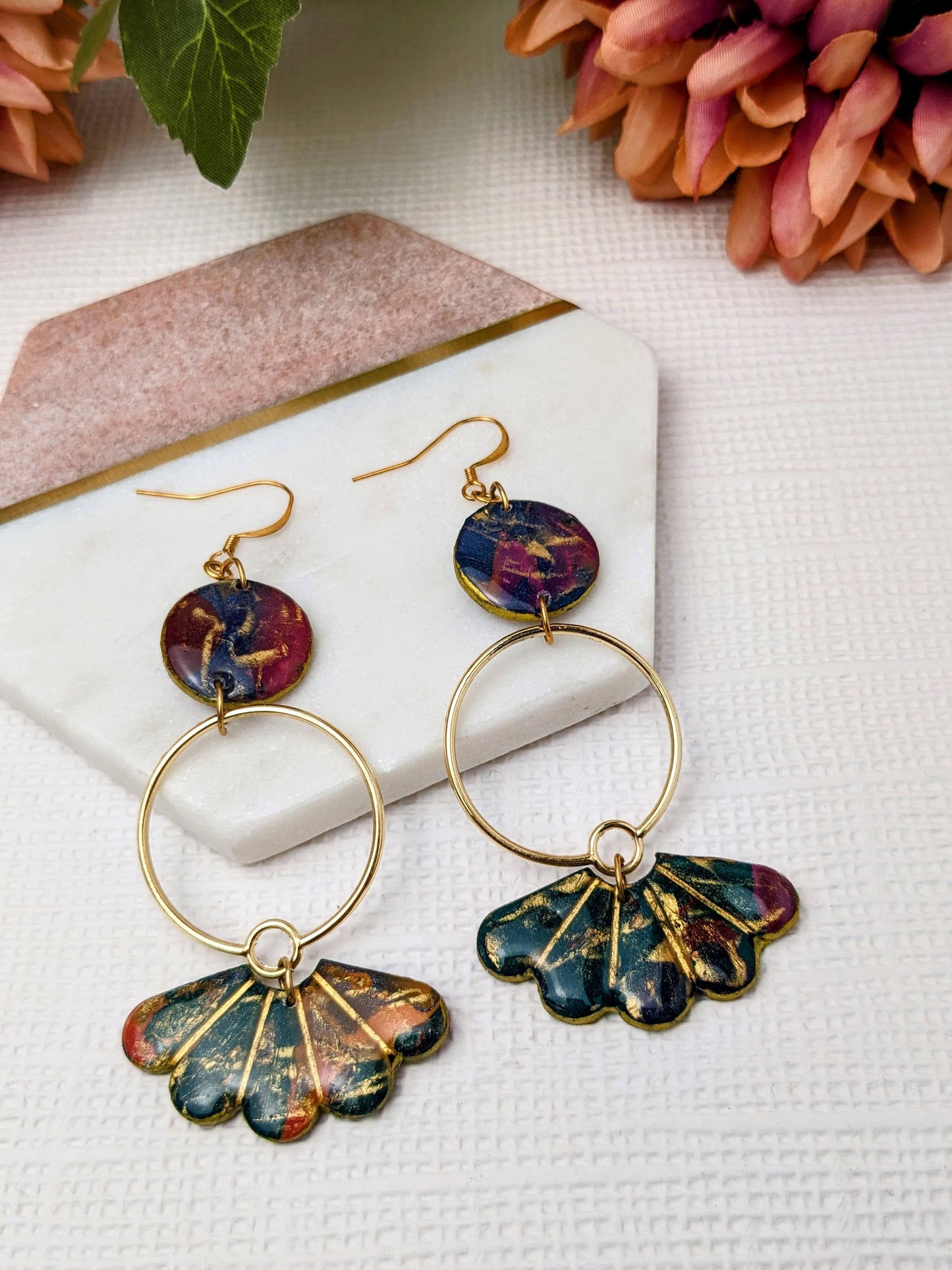 "Teagan" Gold Multi Circle Flower Polymer Clay Earrings with Charm