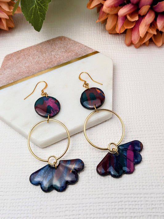 "Teagan" Navy Multi Circle Flower Polymer Clay Earrings with Charm