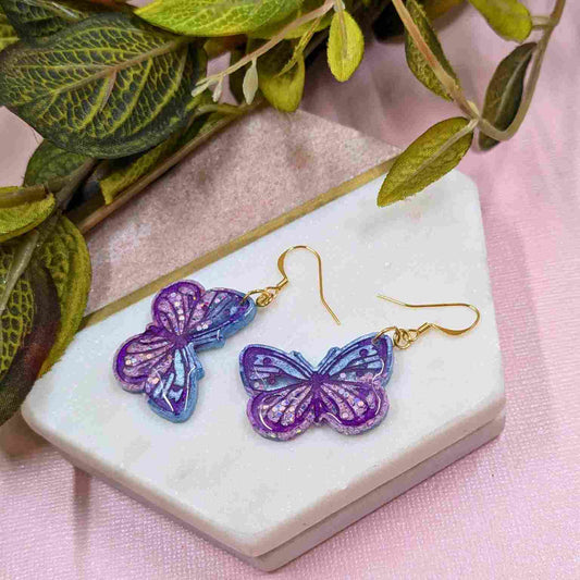 Yara Blue Pink Butterfly Dangle Earrings - Gold Plated Handmade UK