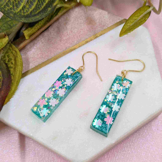 Odette Aqua Iridescent Flower Glitter Dangle Earrings - Handmade UK