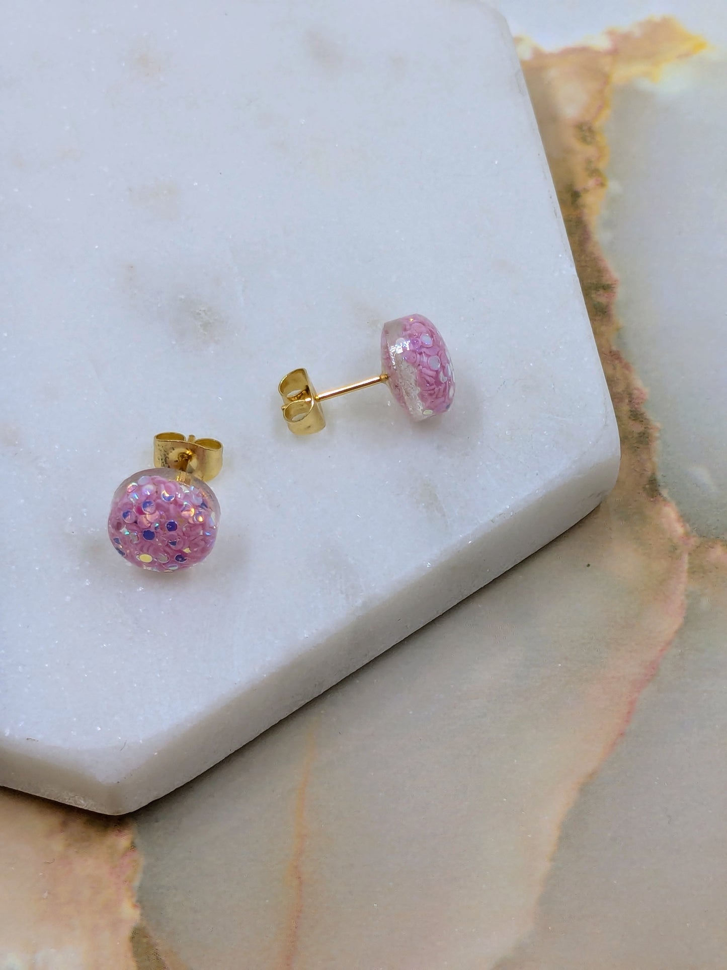 "Bridget" Pink Metallic Seed Glitter Coloured Small Resin Stud Earrings