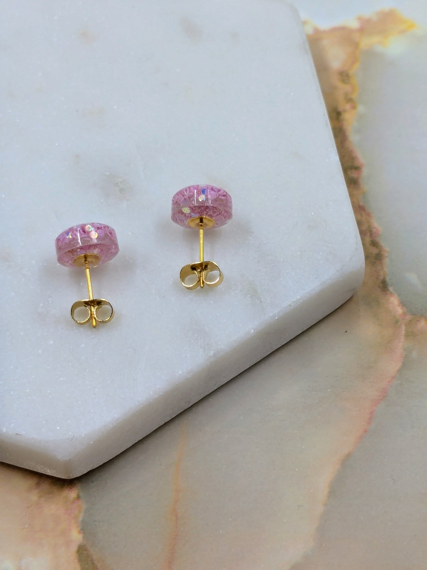 "Bridget" Pink Metallic Seed Glitter Coloured Small Resin Stud Earrings