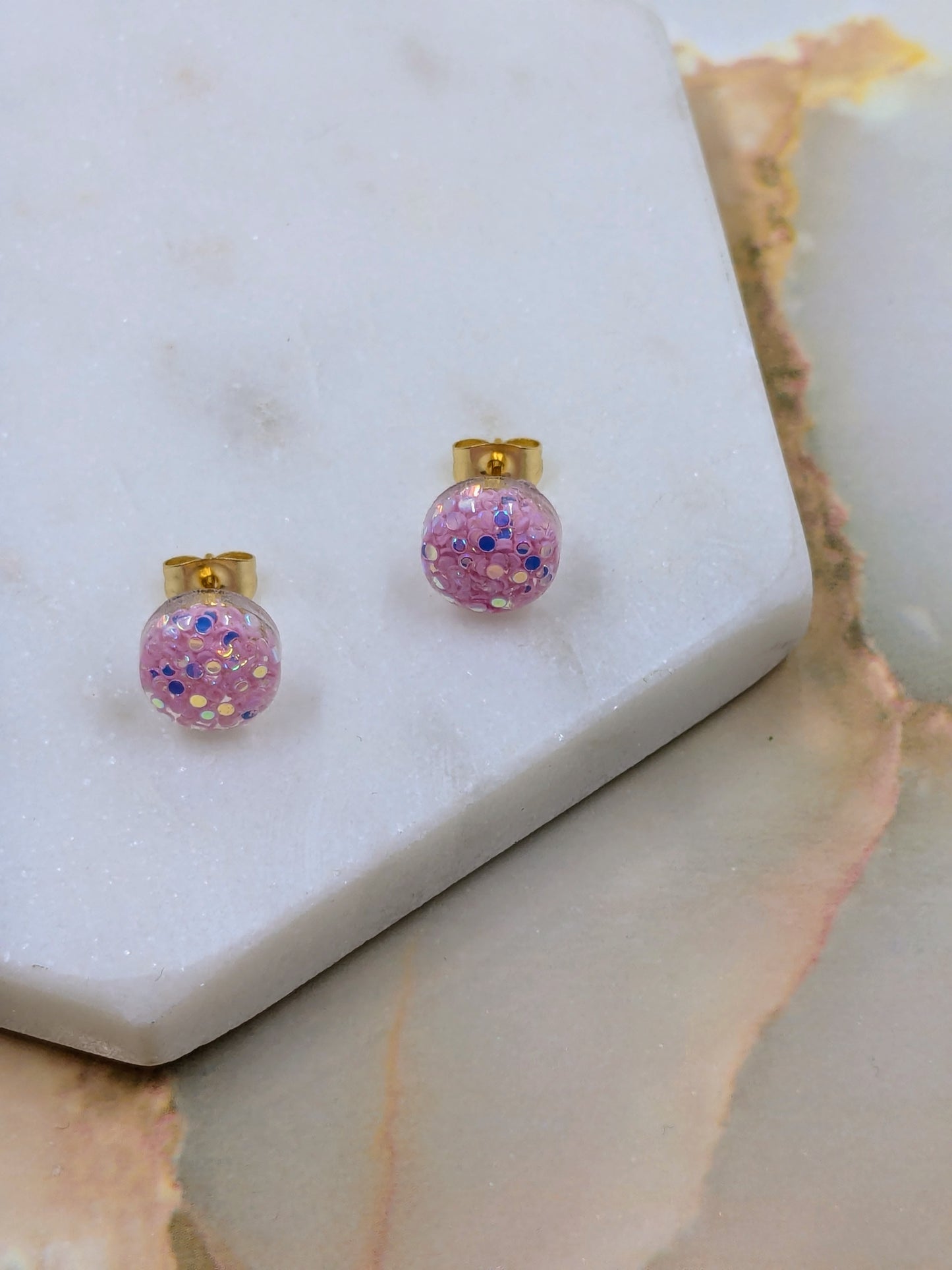 "Bridget" Pink Metallic Seed Glitter Coloured Small Resin Stud Earrings