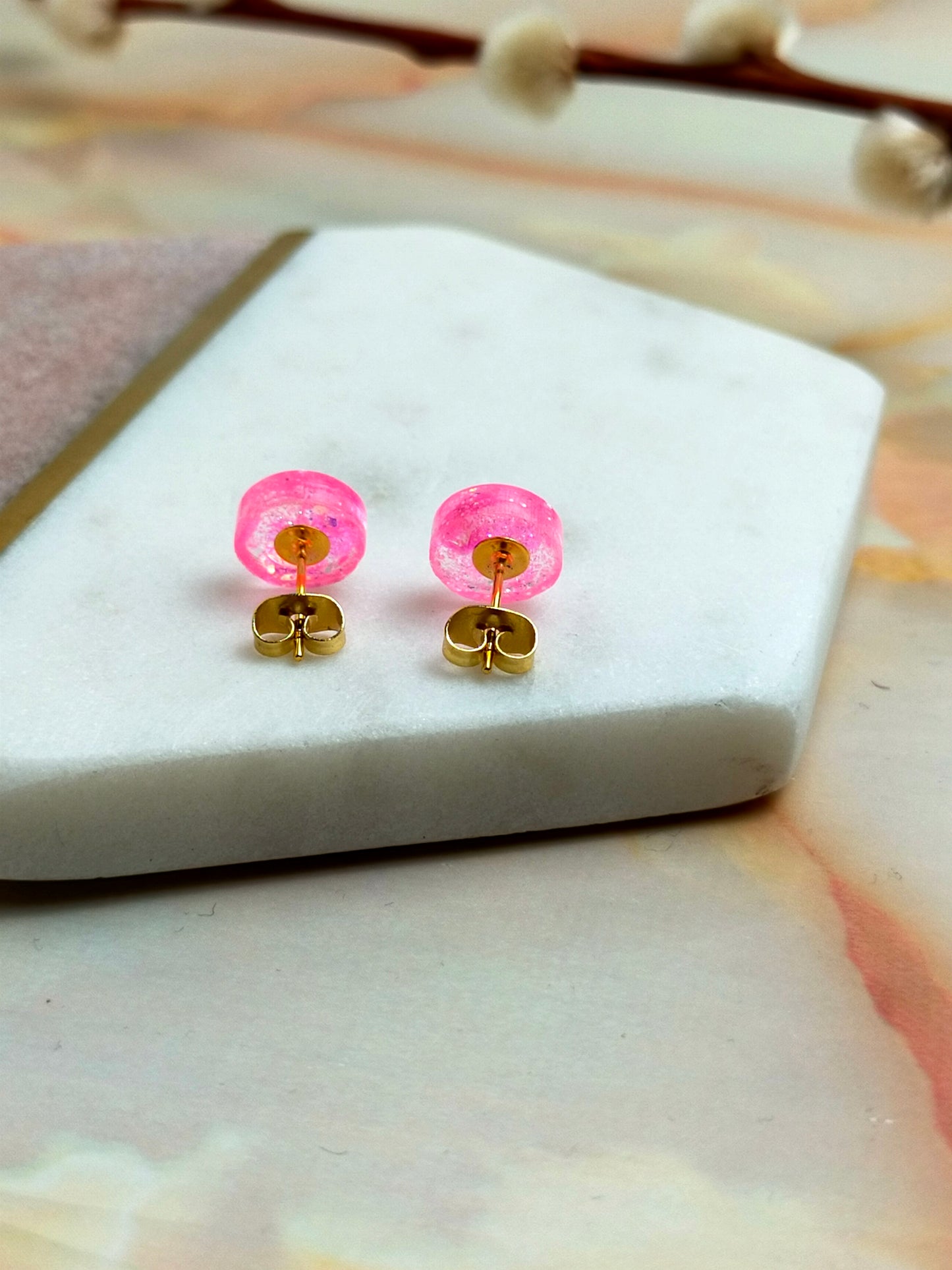 "Bridget" Pink Sherbet Glitter Coloured Small Resin Stud Earrings