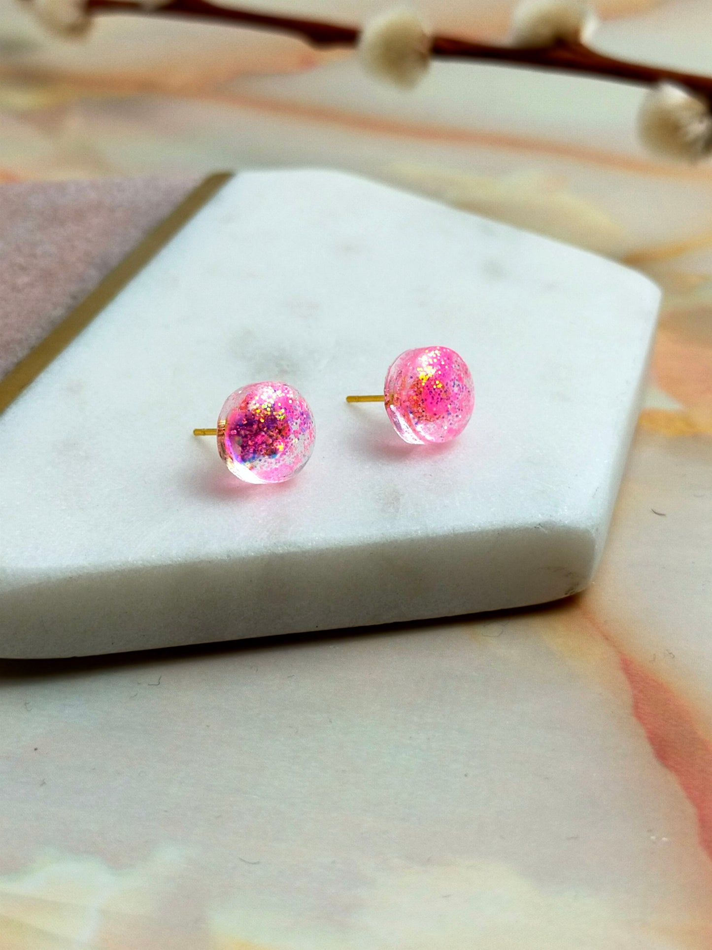 "Bridget" Pink Sherbet Glitter Coloured Small Resin Stud Earrings
