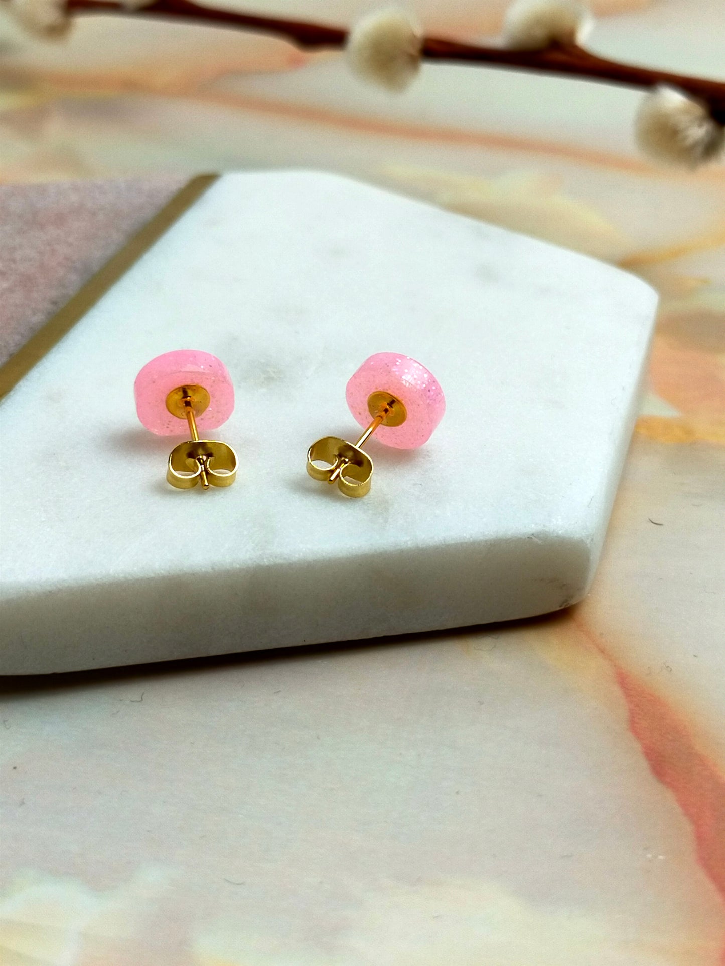 "Bridget" Bright Pink Glitter Coloured Small Resin Stud Earrings
