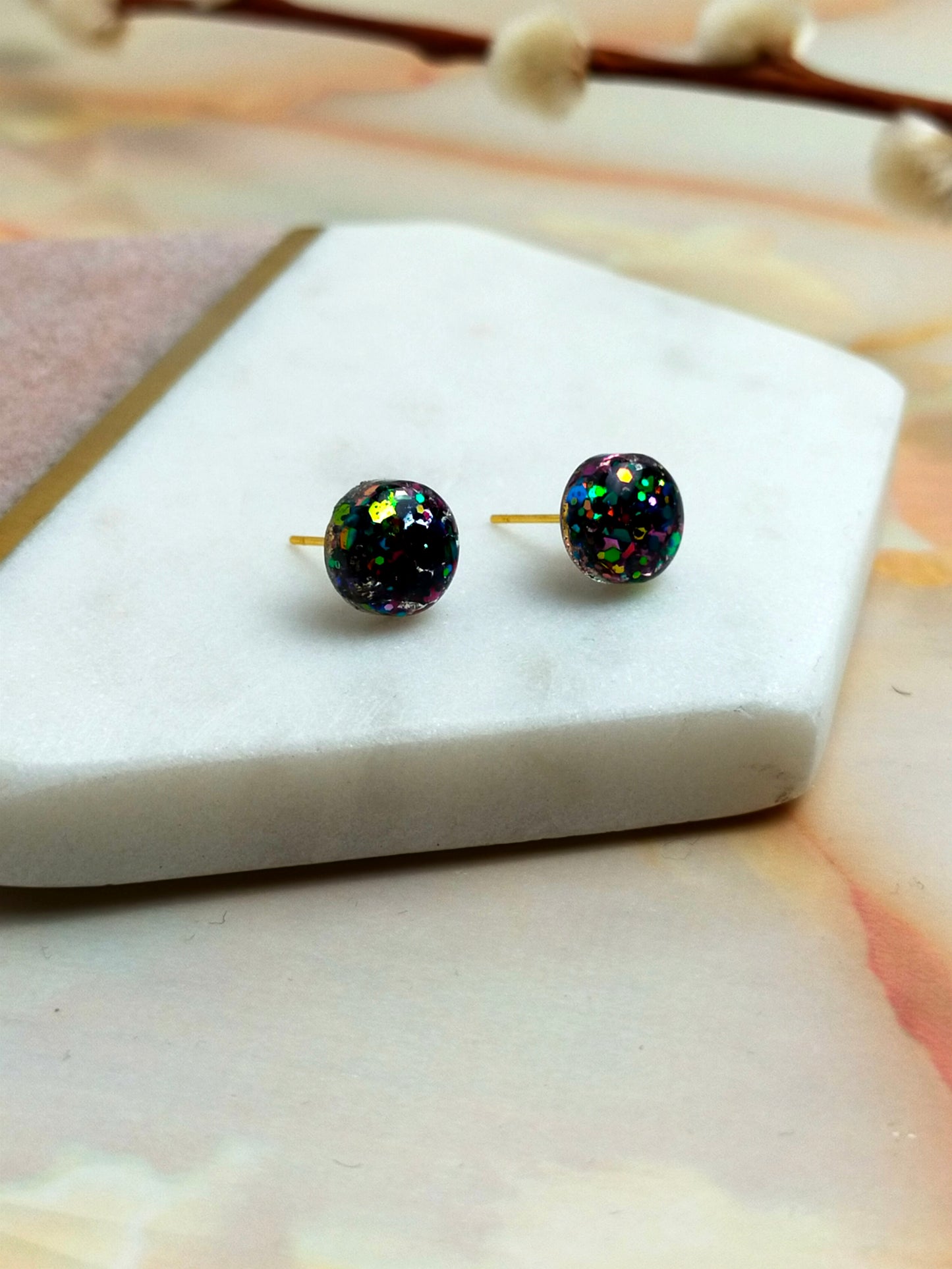 "Bridget" Dazzling Multi Glitter Coloured Small Resin Stud Earrings