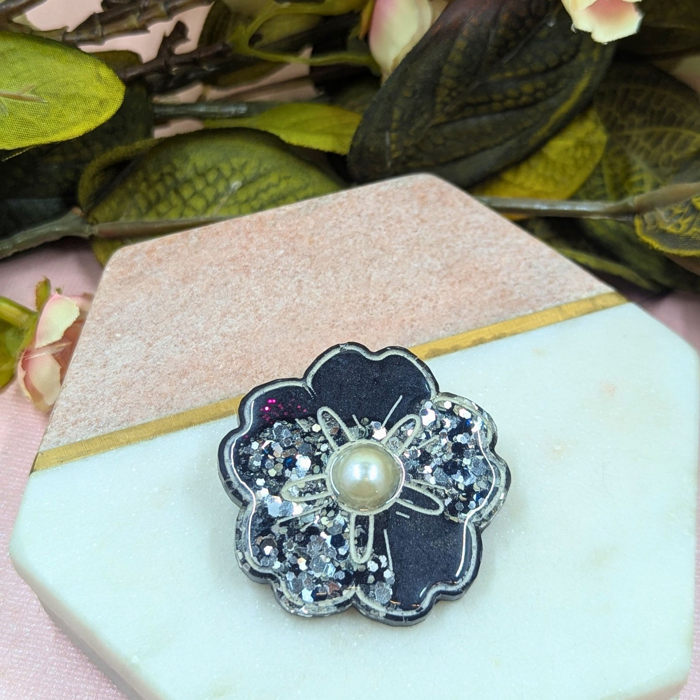 "Darby" Black and Silver Flower Brooch with Pearl Centre