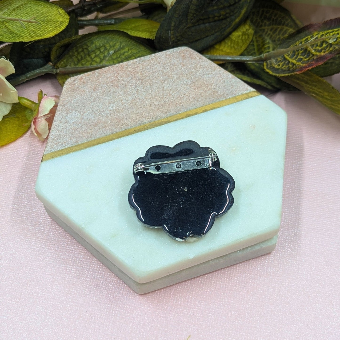 "Darby" Black and Silver Flower Brooch with Pearl Centre