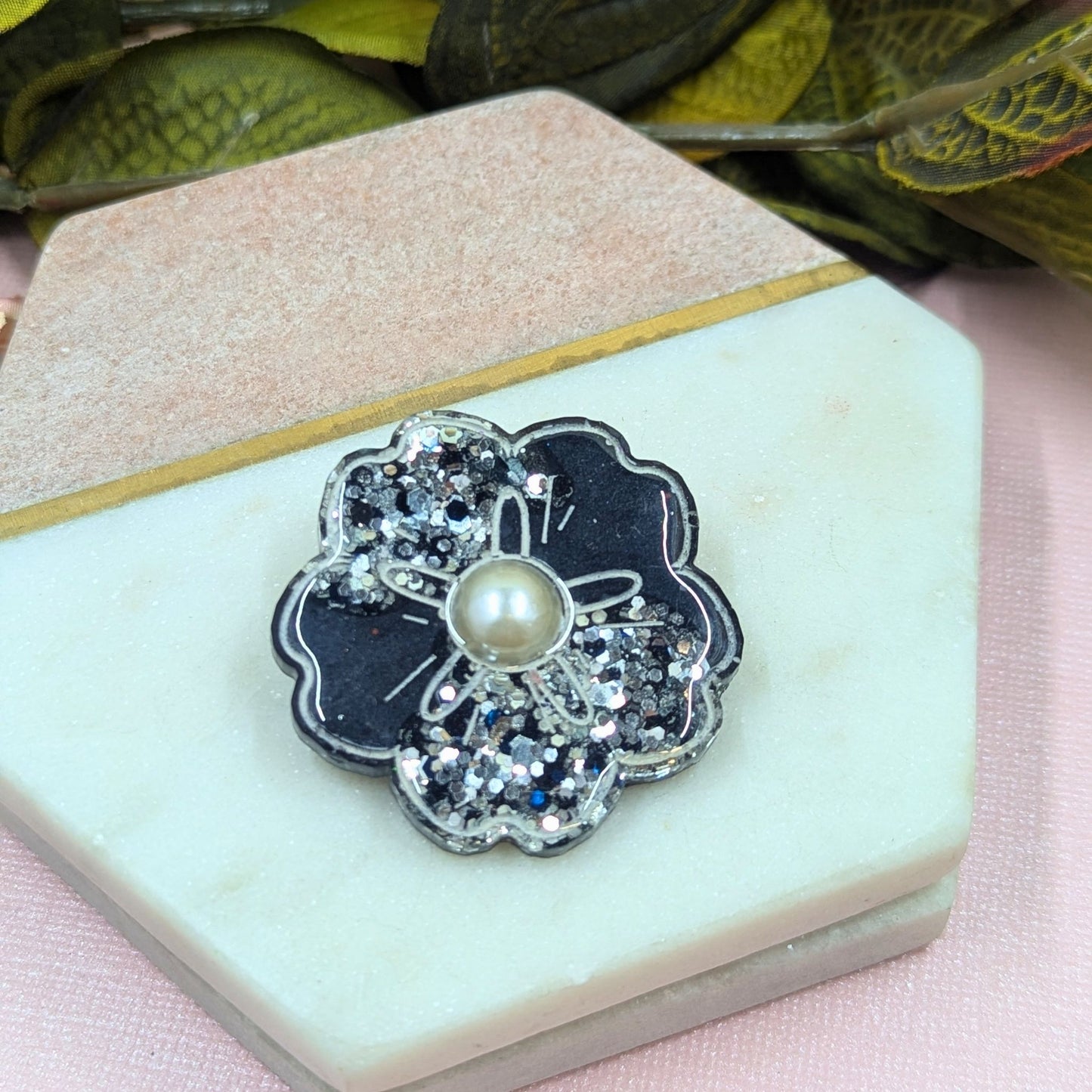 "Darby" Black and Silver Flower Brooch with Pearl Centre