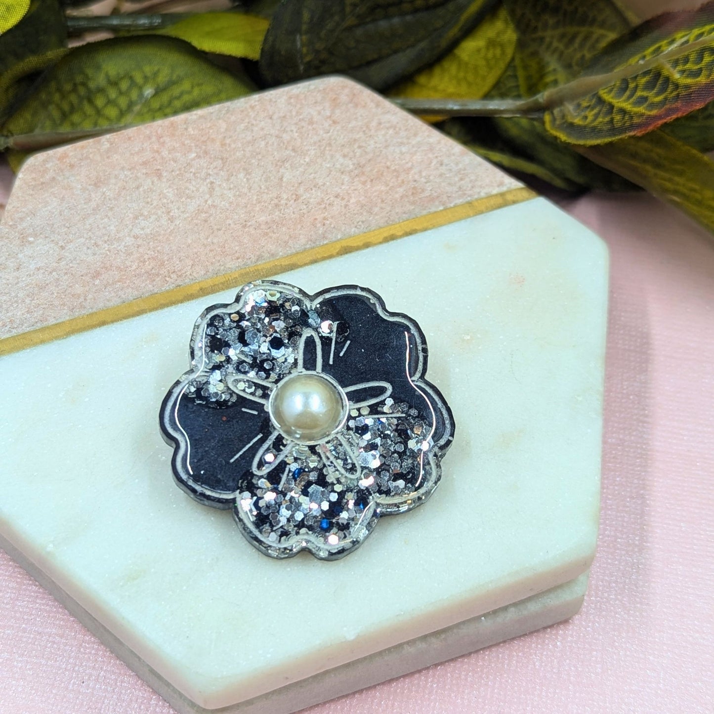 "Darby" Black and Silver Flower Brooch with Pearl Centre