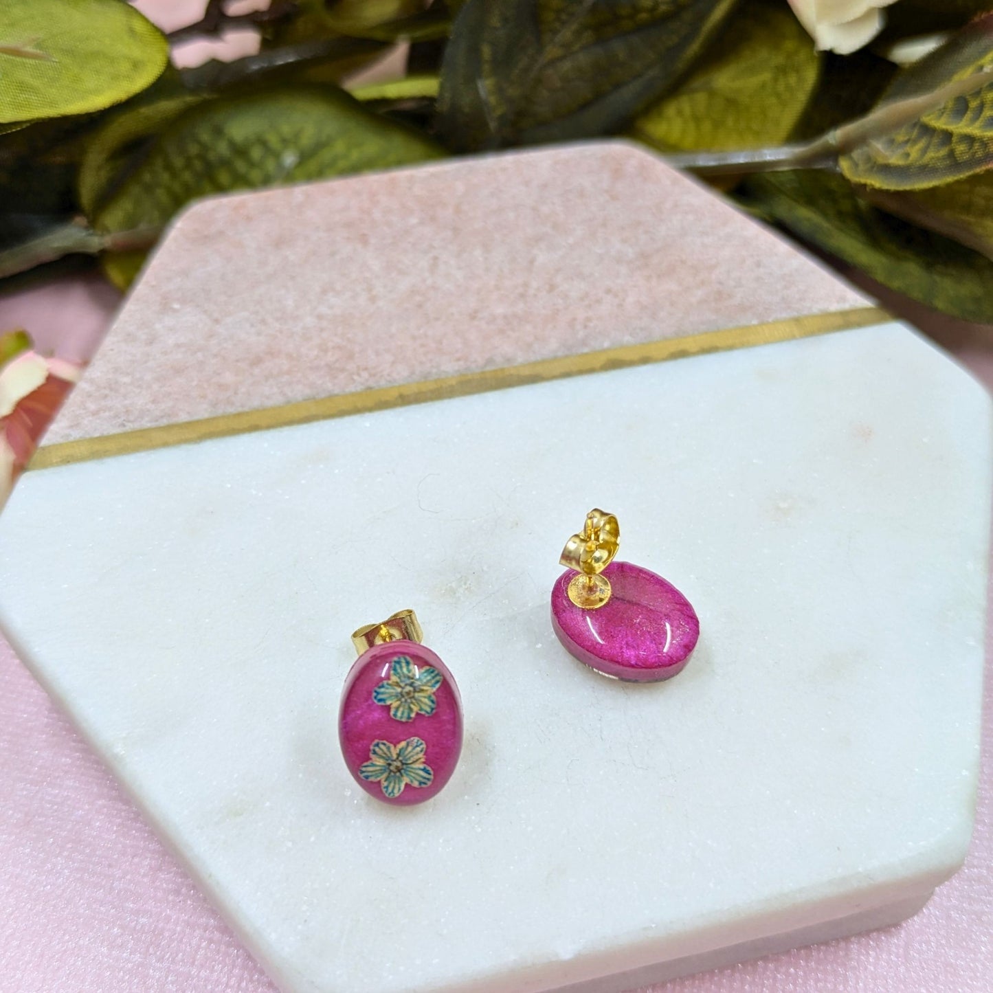 "Georgina" Real Blue Stripe Flower Oval Stud Earrings